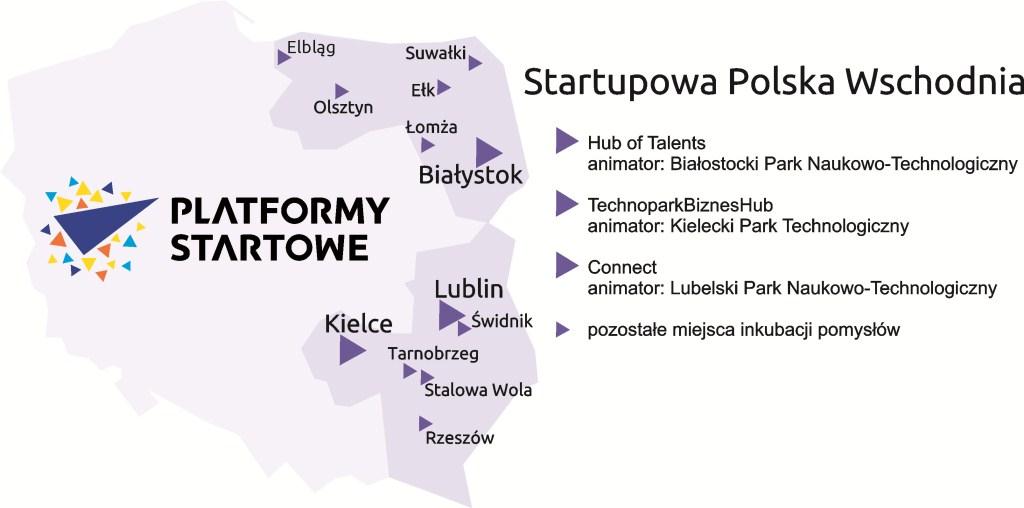 Startupowa Polska Wschodnia - mapa z zaznaczonymi miastami: Elbląg, Suwałki, Olsztyn,Ełk,Łomża, Białystok, Lublin, Świdnik, Kielce, Tarnobrzeg, Stalowa Wola, Rzeszów.